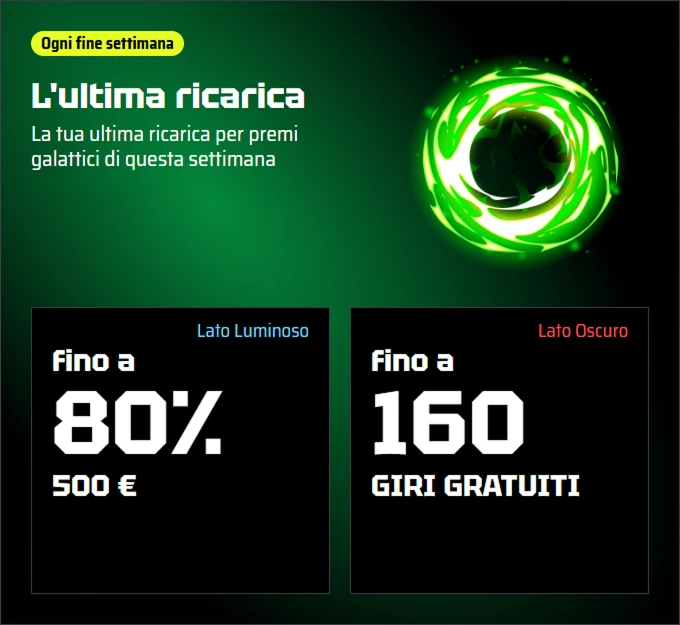 Bonus [SlotsVader Casino]: fino all'80% e 500€ o fino a 160 giri gratuiti. L'ultima ricarica!