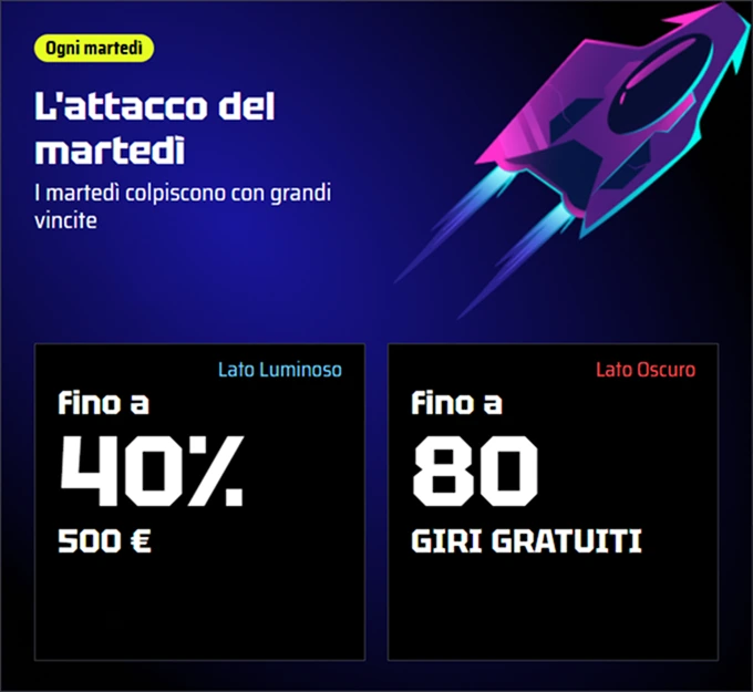 Offerta SlotsVader Casino: "L'attacco del martedì", fino a 40% o 80 giri gratuiti!