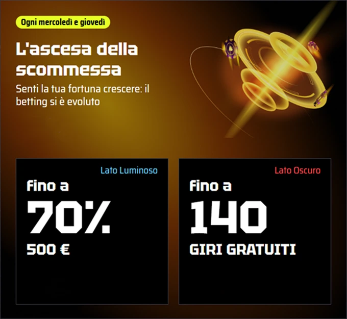 Bonus di SlotsVader Casino: fino a 70% e 140 giri gratuiti. L'ascesa della scommessa!
