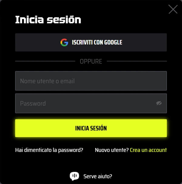 Schermata di accesso a SlotsVader Casino con opzioni Google, nome utente e password