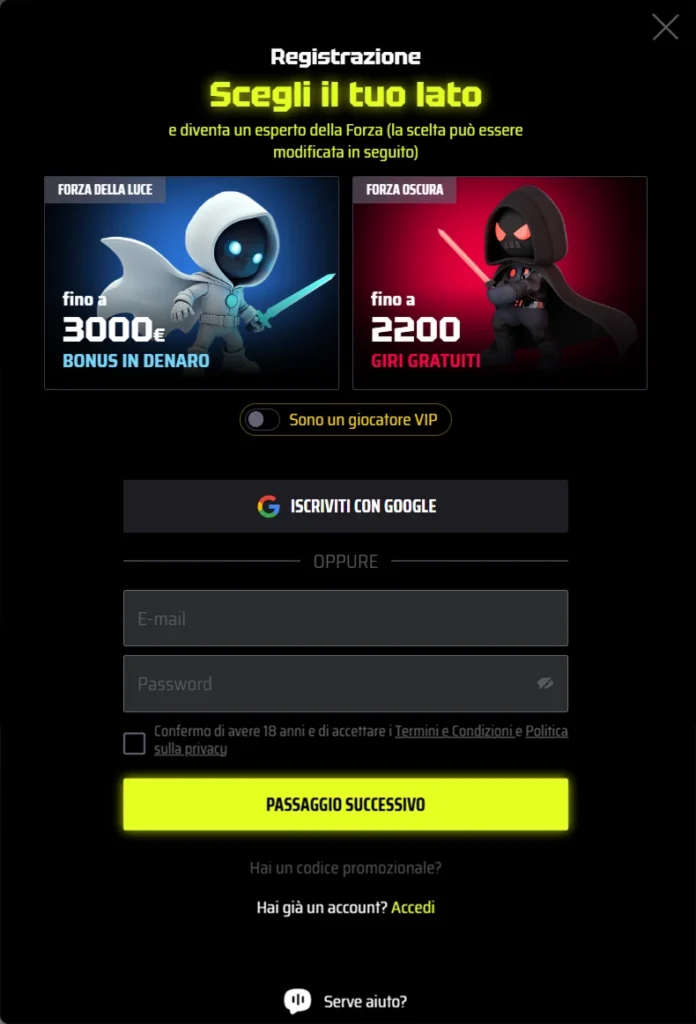 Scegli il tuo lato su SlotsVader Casino per un bonus fino a 3000€ o 2200 giri gratuiti. Registrati con Google o e-mail.