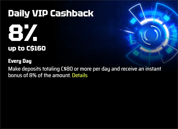 SlotsVader Casino VIP 8% daily cashback up to C$160 banner