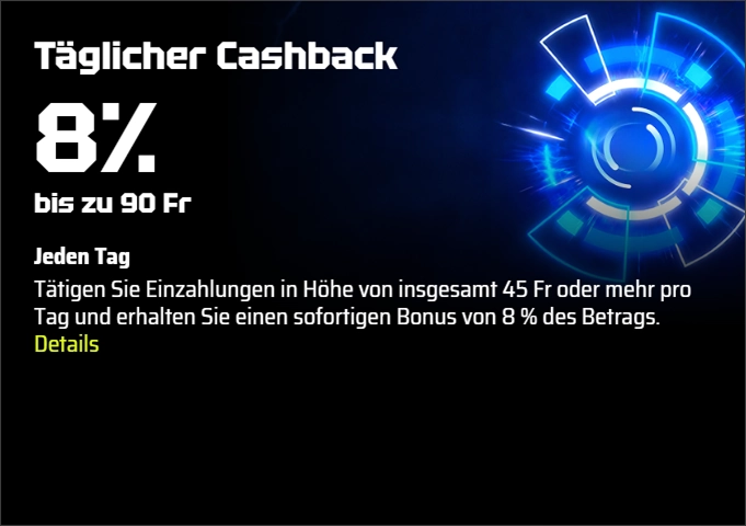 SlotsVader Casino täglicher Cashback 8% bis zu 90 Fr