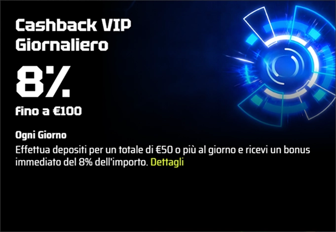 SlotsVader Casino cashback VIP 8% fino a €100 al giorno