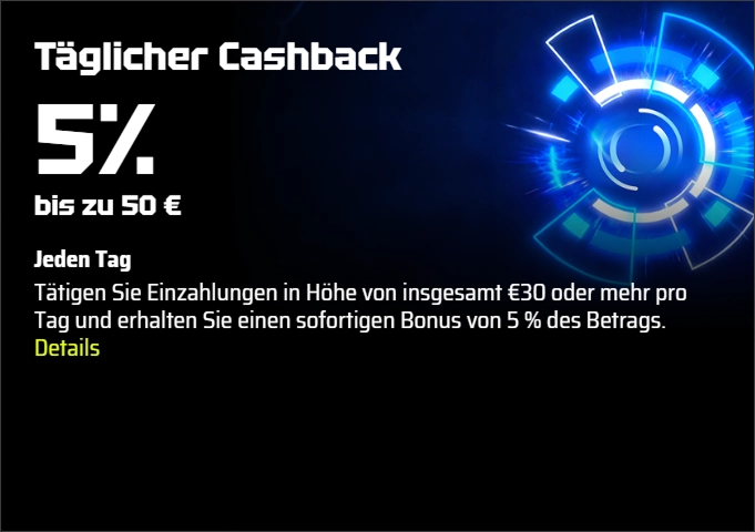 SlotsVader Casino täglicher Cashback 5% bis zu 50€