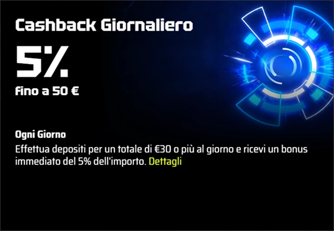 SlotsVader Casino cashback 5% fino a €50 al giorno