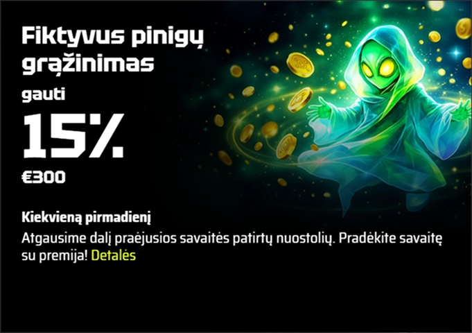 SlotsVader Casino Vaiduoklio grąžinimas 15% iki 300€ kiekvieną pirmadienį