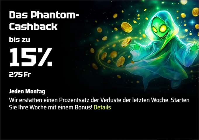 SlotsVader Casino Phantom-Cashback 15% bis zu 300€ jeden Montag
