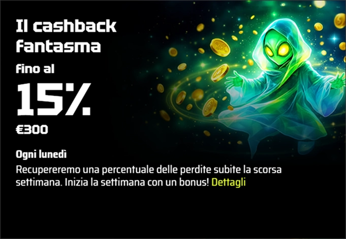 SlotsVader Casino Phantom Cashback 15% fino a €300 ogni lunedì