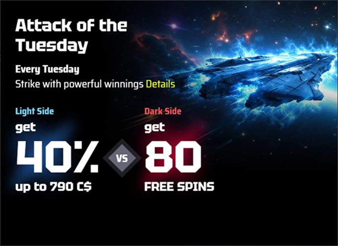 SlotsVader Casino 40% up to C$790 or 80 free spins promotional banner