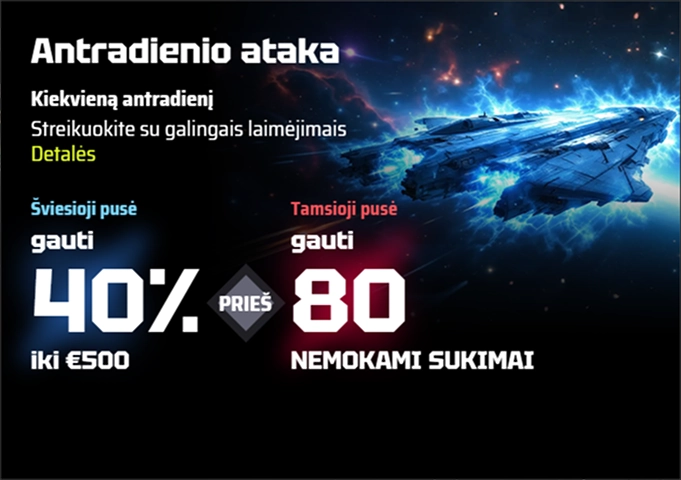 SlotsVader Casino Antradienio puolimas 40% arba 80 nemokamų sukimų