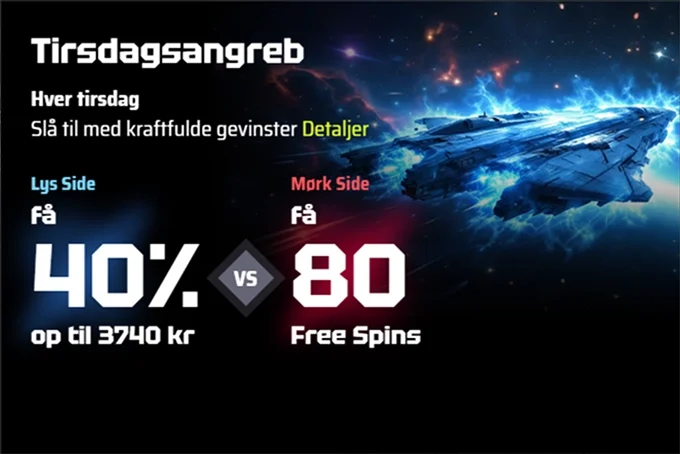 SlotsVader Casino tirsdagsangreb 40% op til 3740 kr eller 80 gratis spins