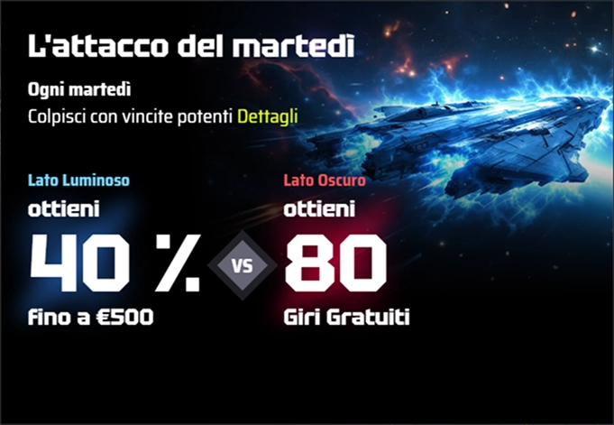 SlotsVader Casino bonus 40% fino a €790 o 80 giri gratuiti