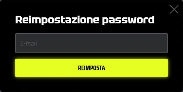 Pagina di reimpostazione password di SlotsVader Casino con campo E-mail e pulsante "REIMPOSTA
