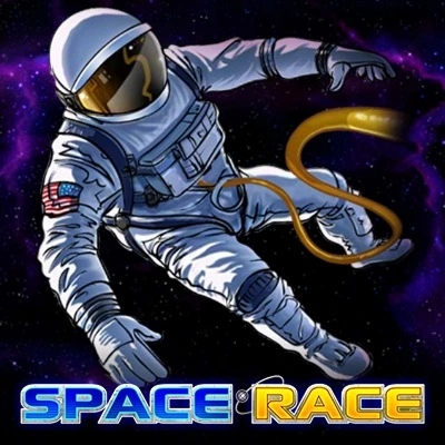 Astronauta fluttuante nello spazio con il testo "Space Race" in basso