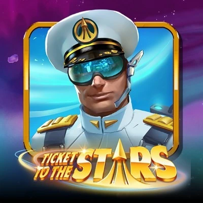Ticket to the Stars, gioco slot con capitano spaziale e logo dorato.