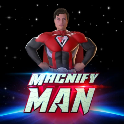 Magnify Man, supereroe con logo "V" su sfondo spaziale.