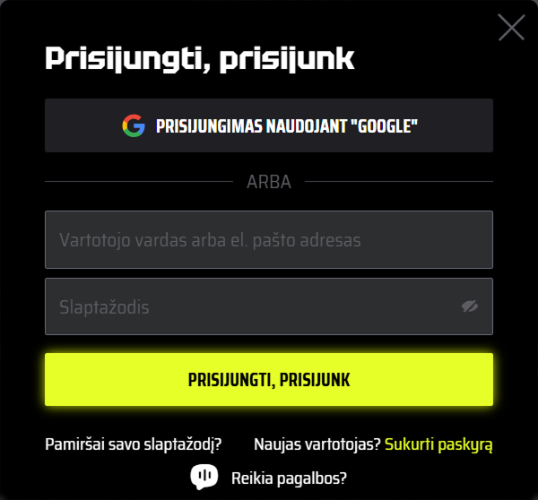 SlotsVader Casino prisijungimo forma su Google prisijungimo galimybe
