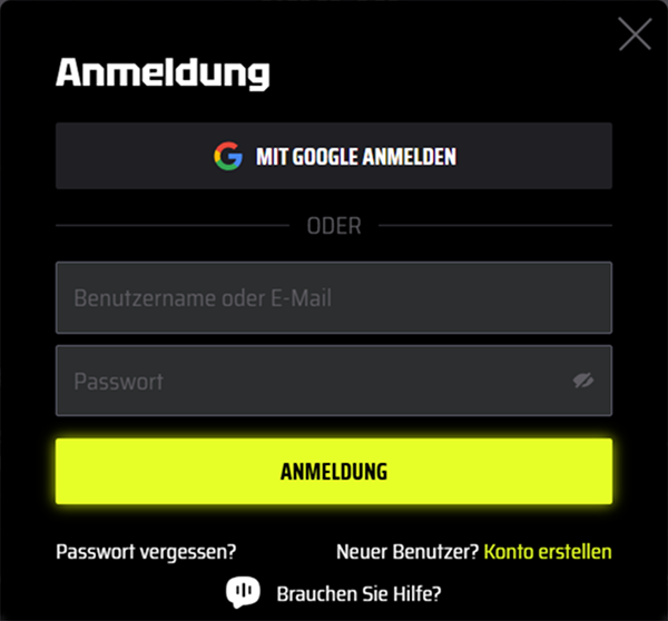 SlotsVader Casino Login-Bildschirm mit Google-Anmeldeoption