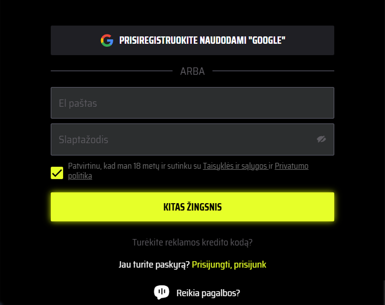 SlotsVader Casino registracijos forma su el. pašto ir slaptažodžio laukais