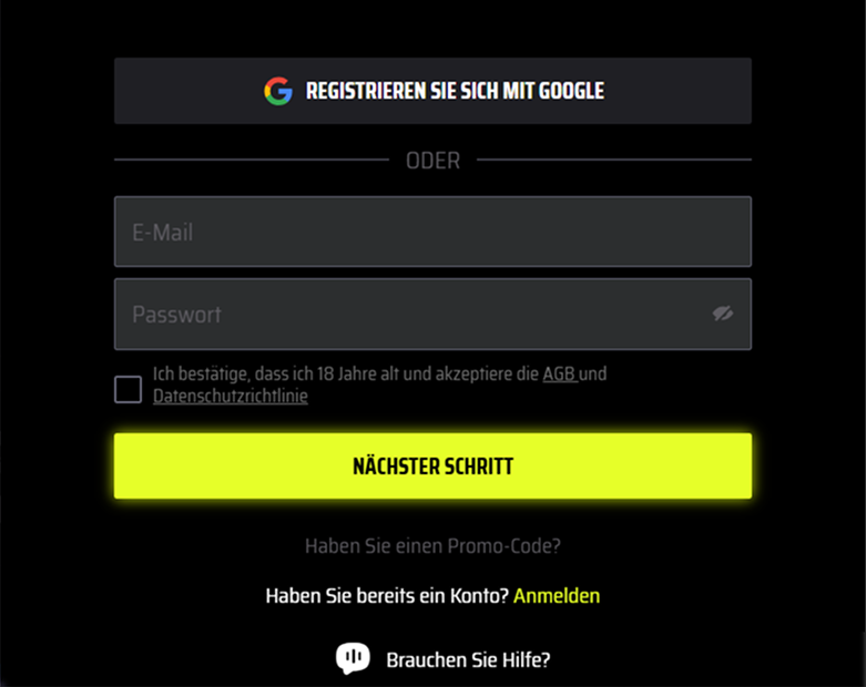 SlotsVader Casino Registrierungsformular mit E-Mail und Passwort
