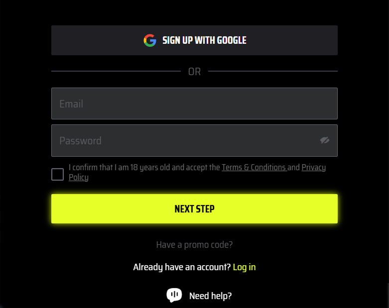 SlotsVader Casino registration form with email and password fields