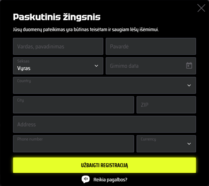 SlotsVader Casino registracijos forma su vardo, pavardės ir gimimo datos laukais