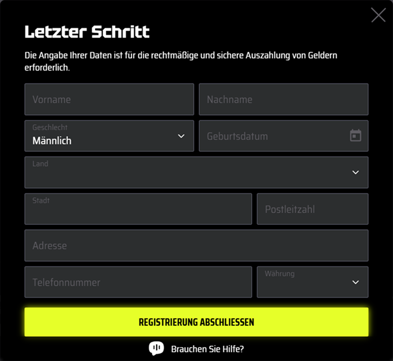 SlotsVader Casino Registrierungsformular mit persönlichen Daten und Adresse