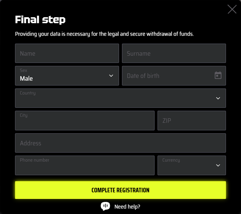 SlotsVader Casino registration form with name, surname and date of birth fields