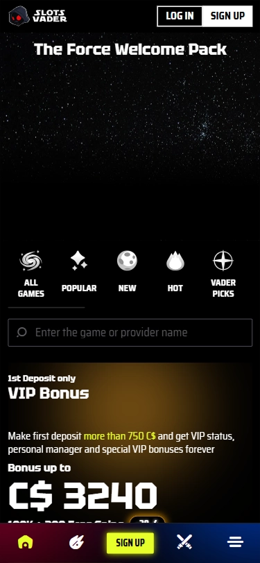 SlotsVader Casino VIP bonus offer with C$3240 deposit