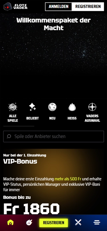 SlotsVader Casino Willkommensbonus bis zu Fr 1860