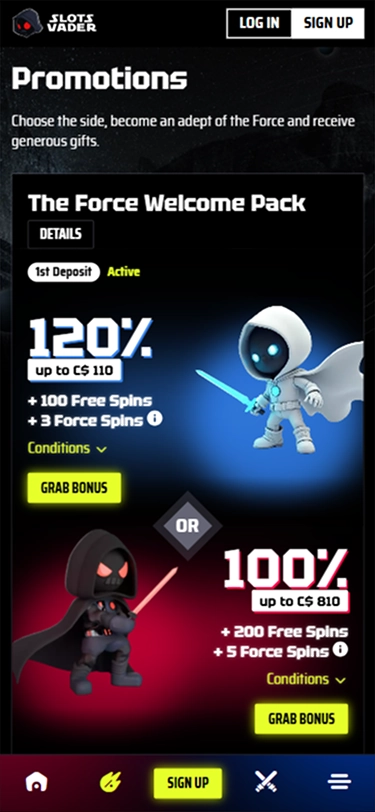 SlotsVader Casino Force Welcome Pack 120% up to C$110 plus Free Spins