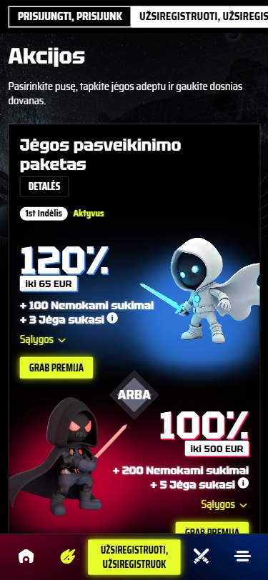 SlotsVader Casino sveikinamasis paketas 120% iki 65€ + 100 nemokamų sukimų