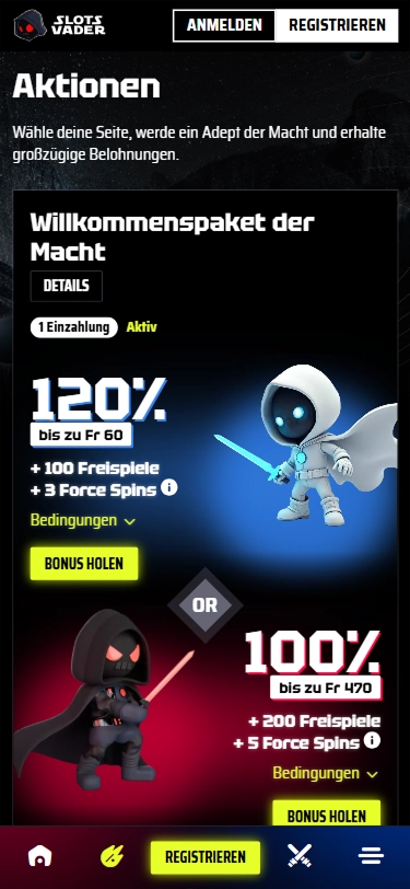 SlotsVader Casino Bonus 120% bis zu 60€ mit 100 Freispielen
