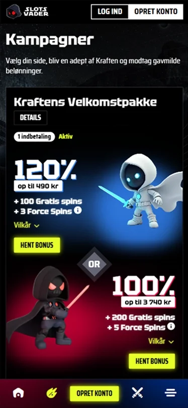 SlotsVader Casino velkomstbonus 120% op til 490 kr
