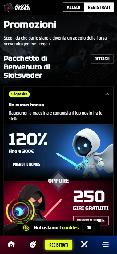 Bonus di benvenuto di SlotsVader Casino: 120% fino a 300€ o 250 giri gratuiti