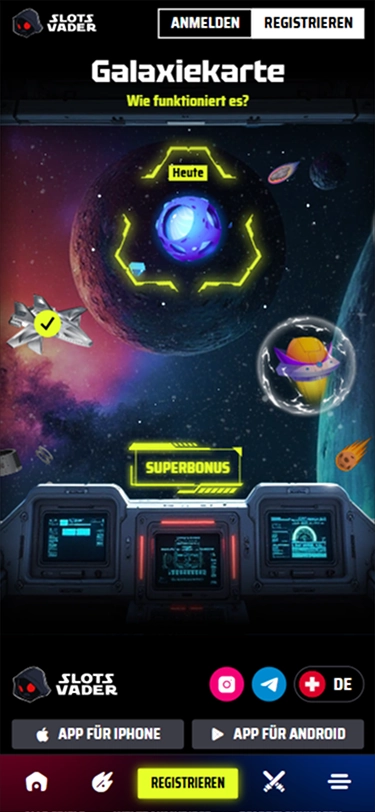 SlotsVader Casino mobile Galaktische Karte mit Registrieren-Button