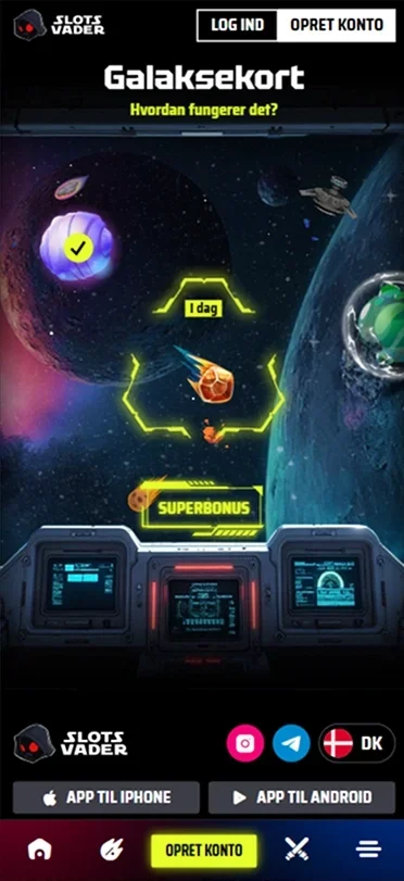 SlotsVader Casino mobilskærm med spil og knappen Opret Konto
