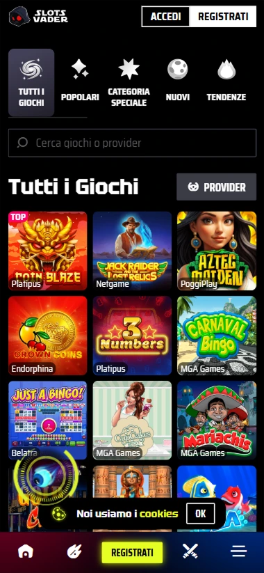 Schermata mobile di SLOTSVADER Casino con griglia di slot e categorie di giochi