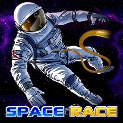 Astronaut svæver i rummet med tekst "SPACE RACE