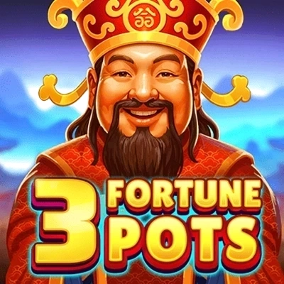 Illustreret figur med krone og smil, tekst "3 Fortune Pots" i gult