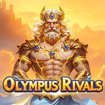 Olympus Rivals lošimo automato reklama su Dzeusu ir auksiniais simboliais